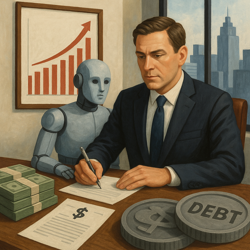 Financial executive reviewing debt maturities and AI data centre investment plans on a screen
