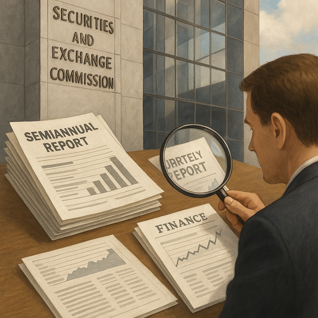 Investor reviewing SEC financial reports, including Form 10-Q and proposed Form 10-S filings