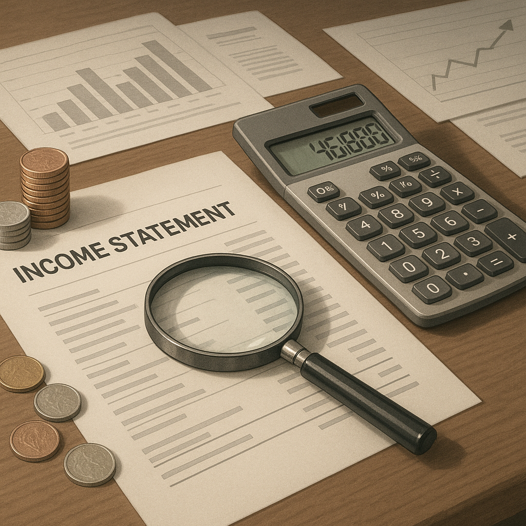 Investor reviewing a public company income statement with expense categories for labor, inventory, depreciation, and selling costs.