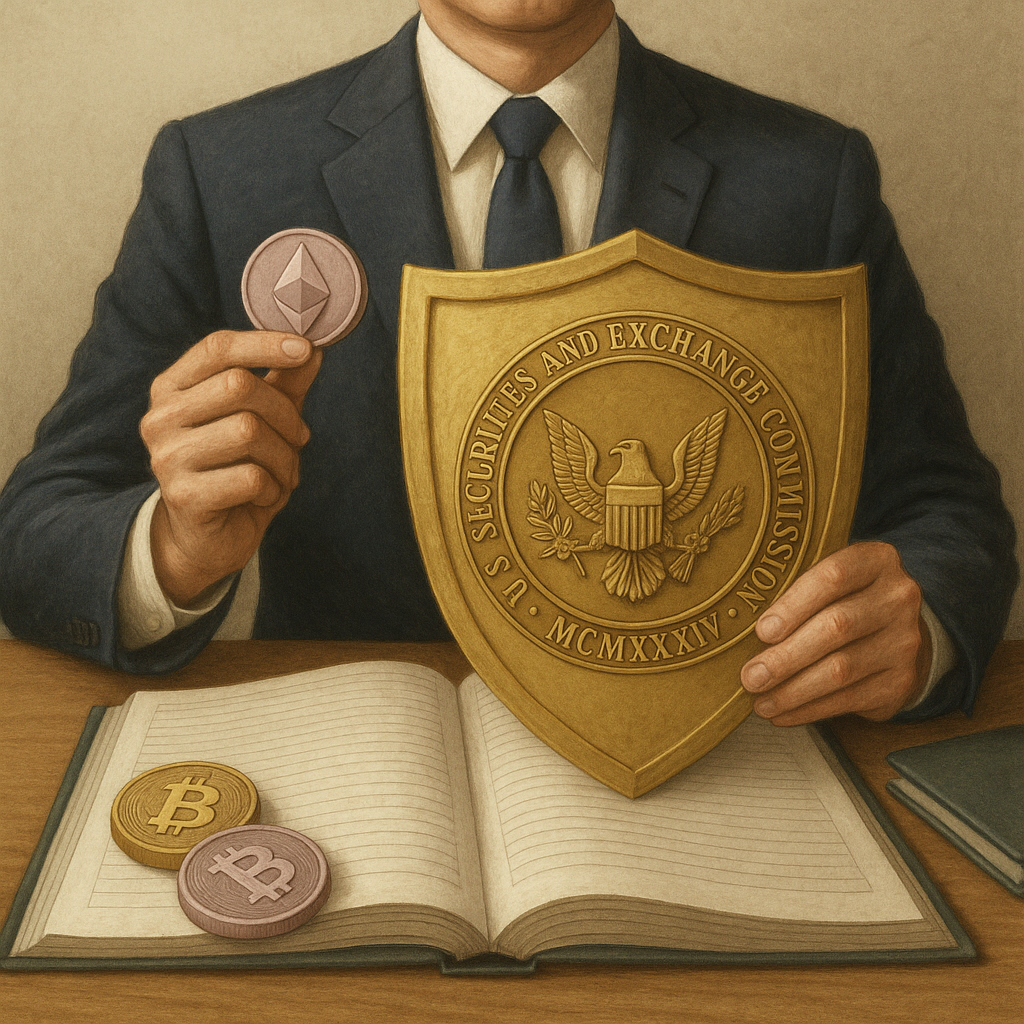 Digital asset custody concept showing a secure crypto wallet, compliance documents, and U.S. SEC building