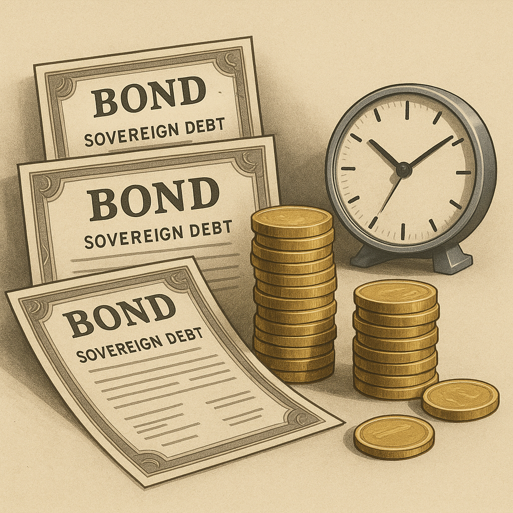 Government bond yield chart beside a refinancing calendar illustrating sovereign debt maturity risk